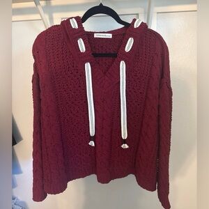 Zenana Outfitters Chenille Pullover Burgundy V-Neck Hooded Sweater NWOT Medium